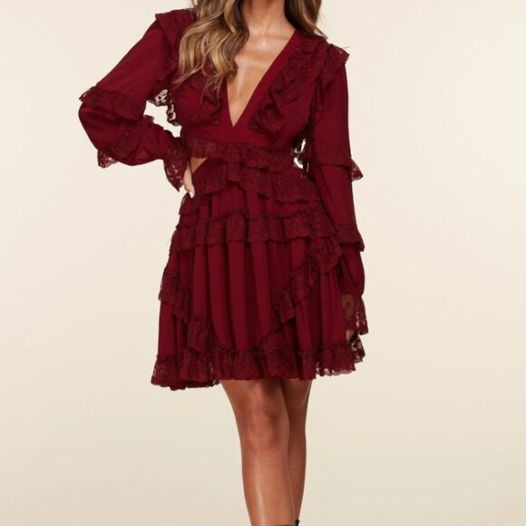 BURGUNDY SHOE LACE BACK MINI SWING DRESS - Picture 1 of 4